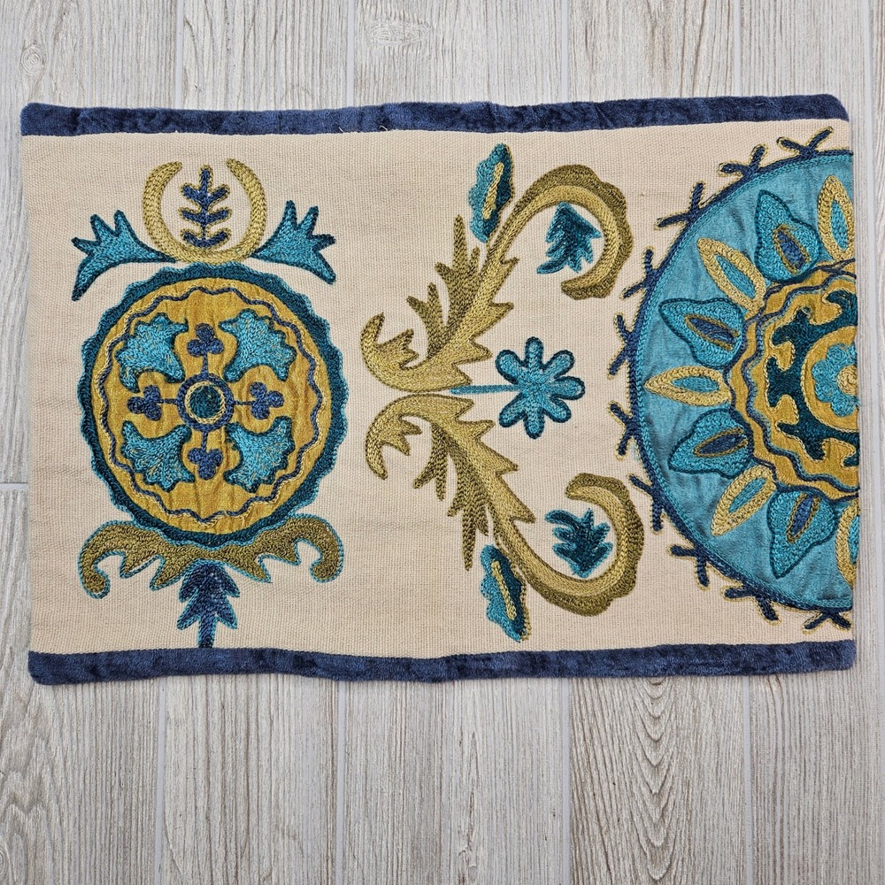 Pier 1 Imports Suzani Embroidered Lumbar Pillow Cover Beige Teal Gold 13x20